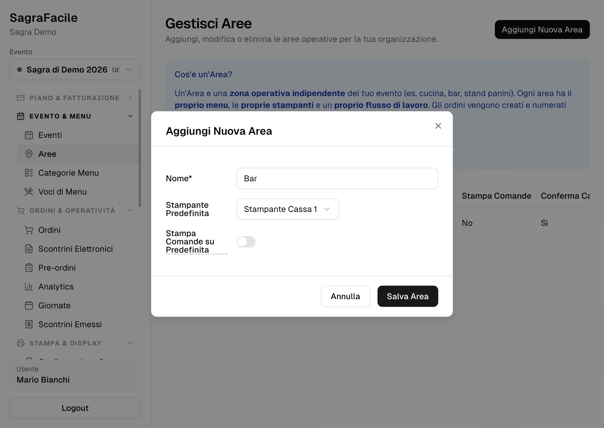 Dialog di creazione area - informazioni base