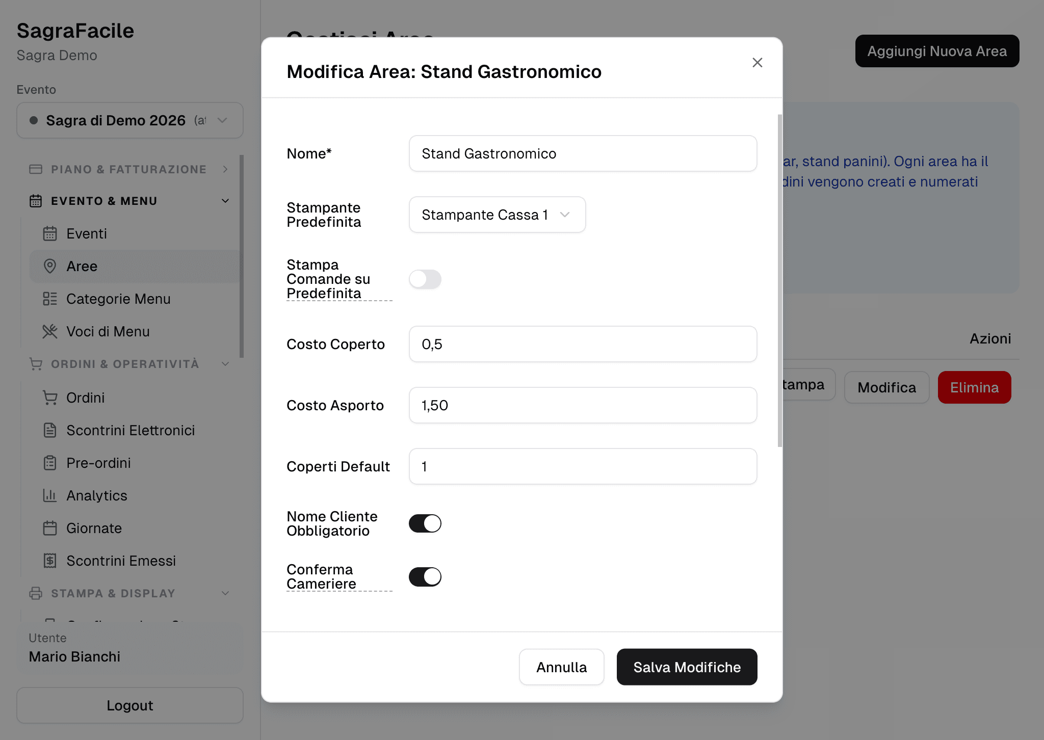 Dialog di modifica area con tutte le opzioni