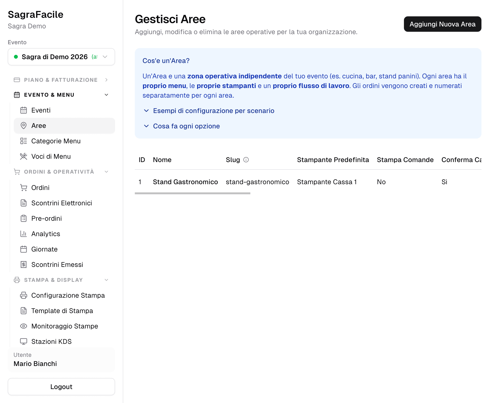 Pagina di gestione aree con tabella delle aree configurate