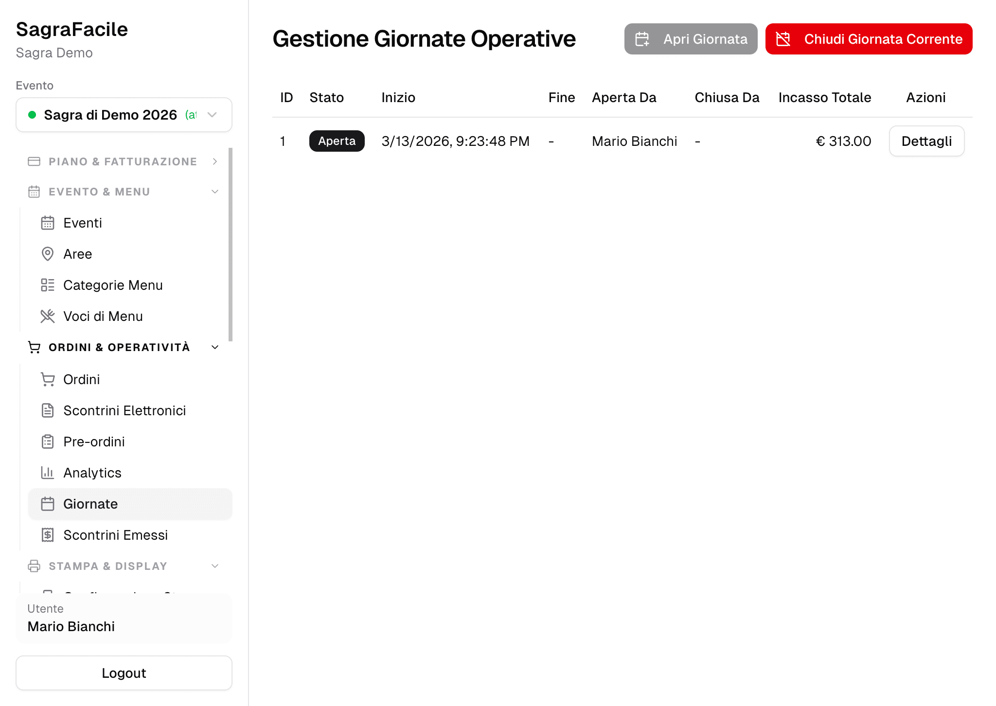 Pagina Giorni Evento con tabella delle giornate