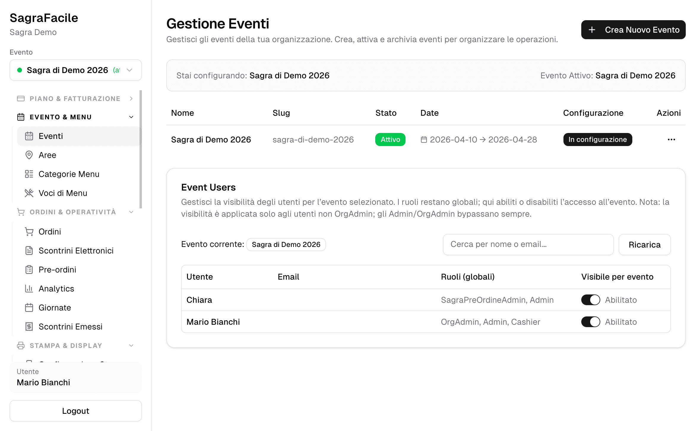 Pagina di gestione eventi con tabella eventi