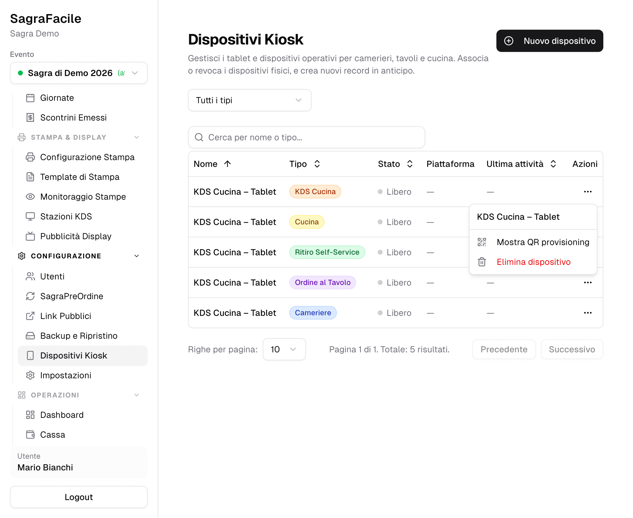 Pagina Admin Dispositivi Kiosk con filtro tipo e azioni revoca/elimina