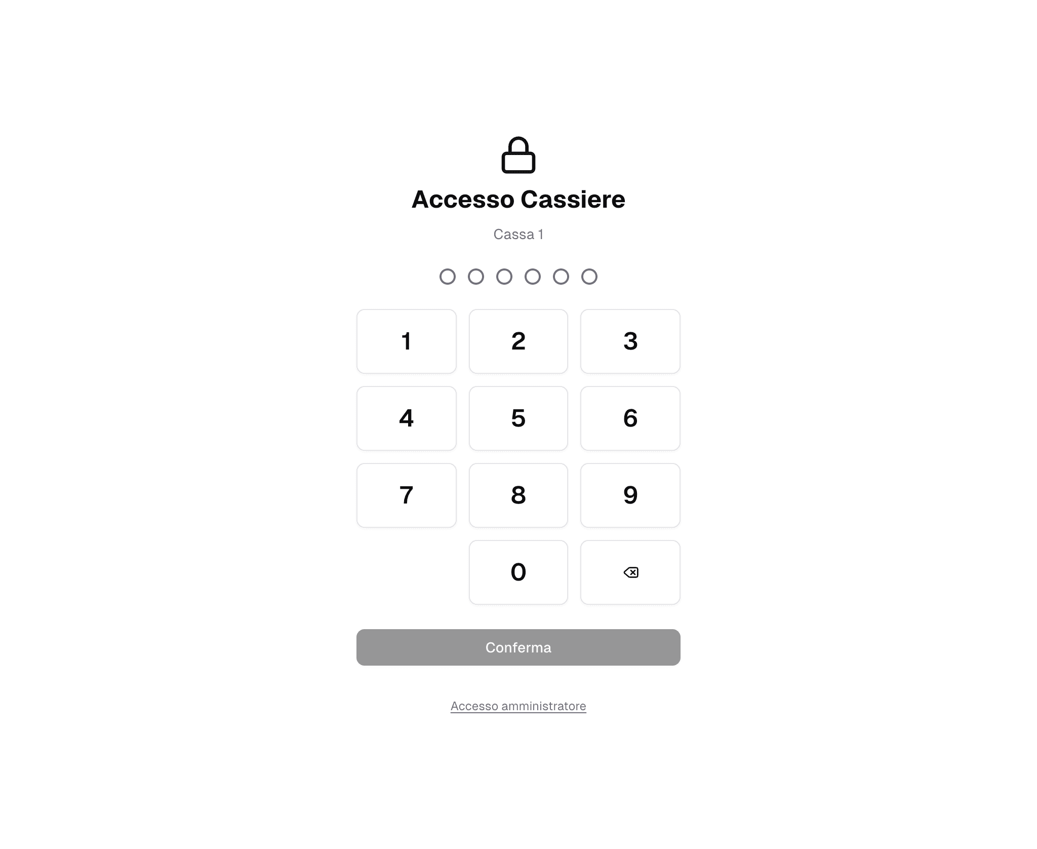 Schermata di blocco PIN — Accesso Cassiere