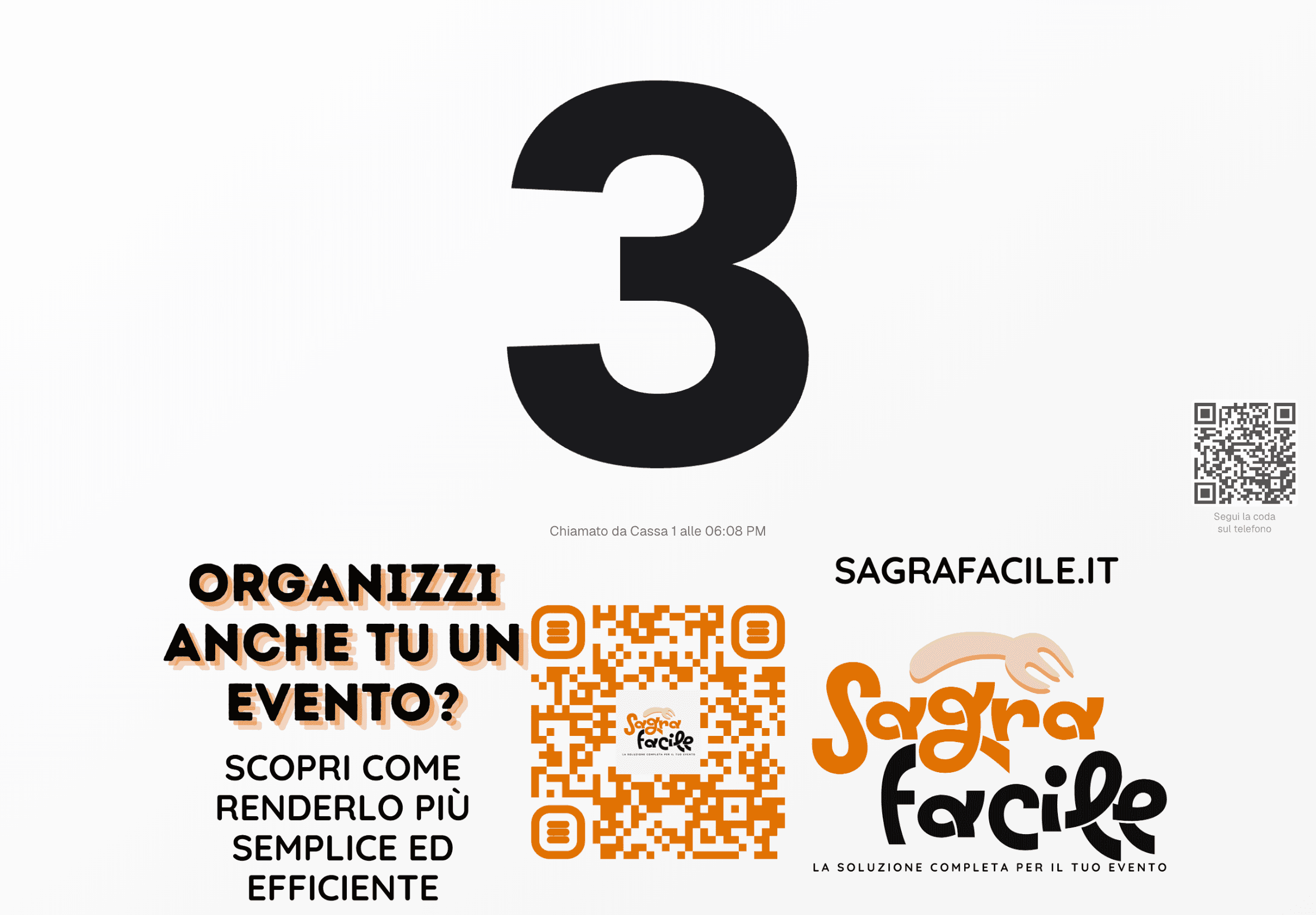 Display Coda SagraFacile — numero chiamato in grande con area annunci nella parte inferiore