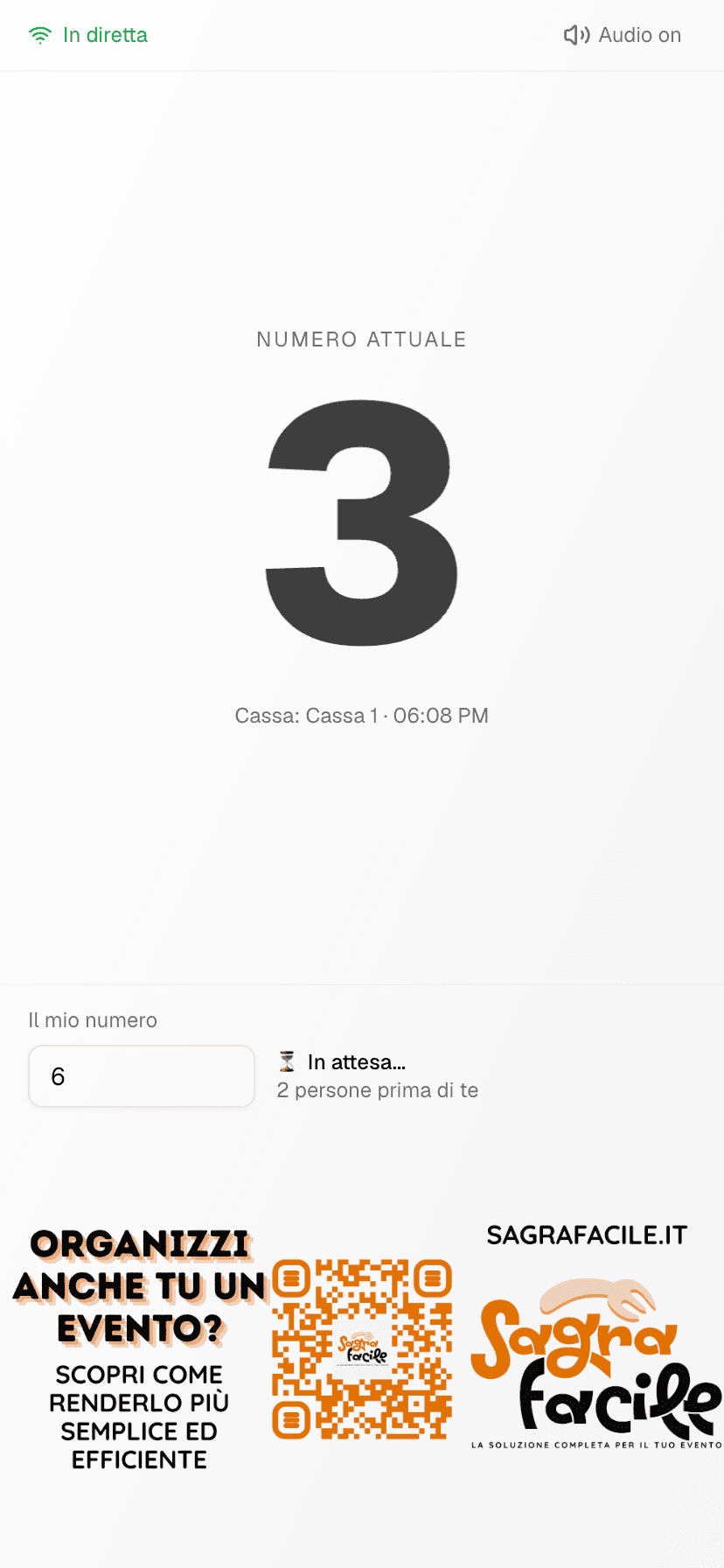 Modalità cliente su telefono — numero attuale, countdown "2 persone prima di te" e campo per inserire il proprio numero