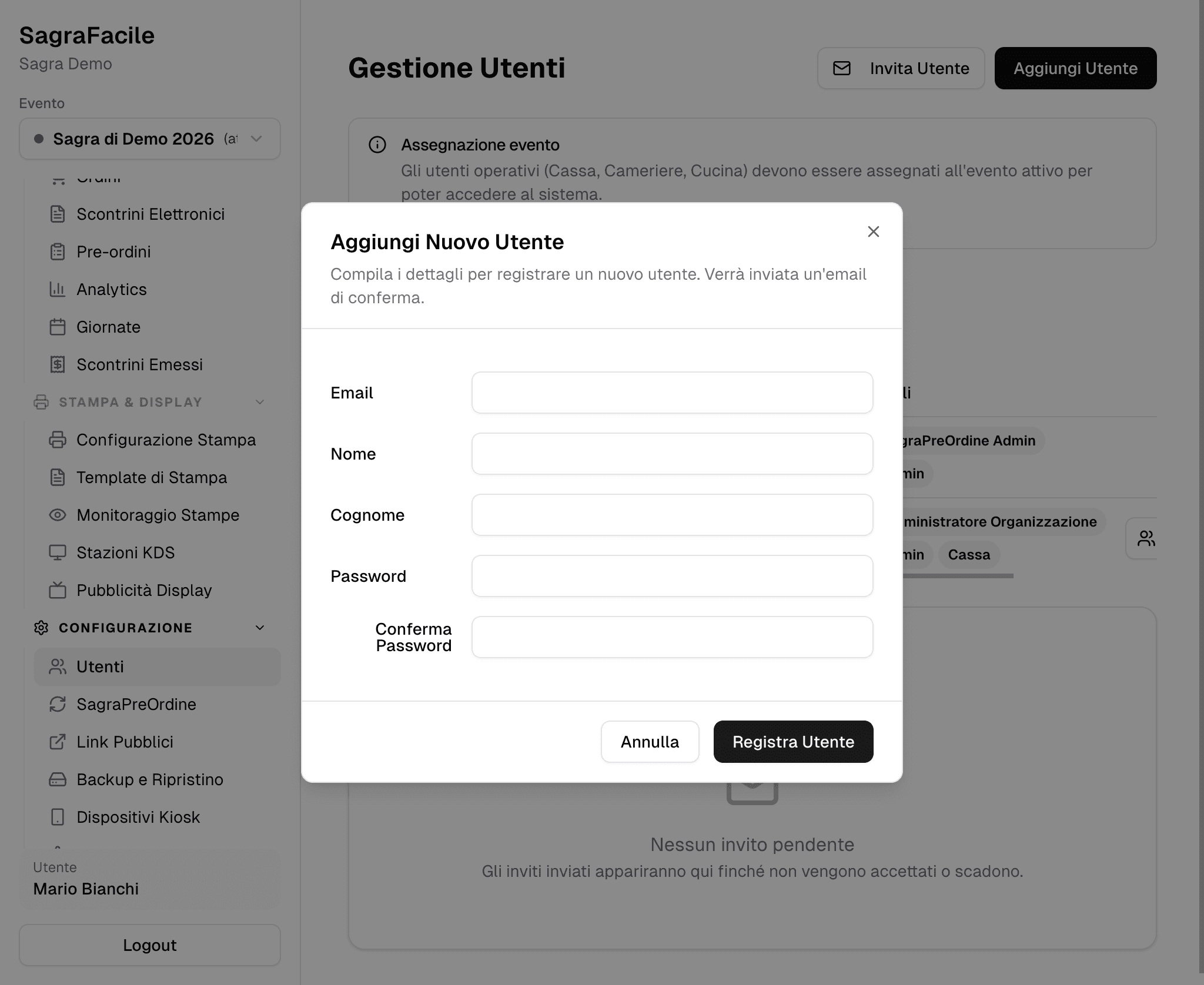 Form creazione utente self-hosted