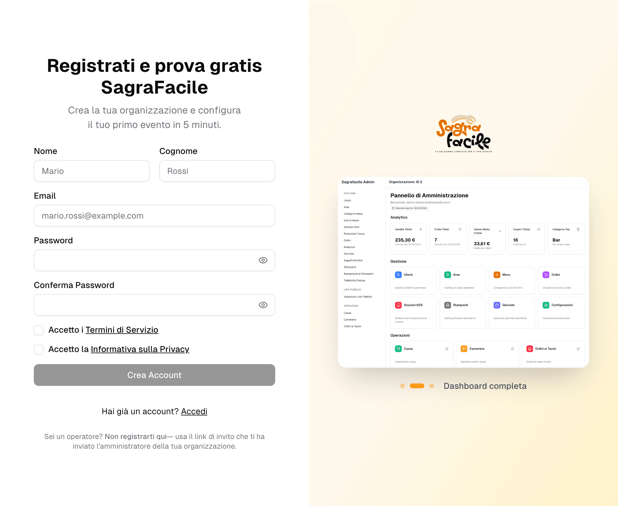 Pagina di registrazione con form di inserimento dati