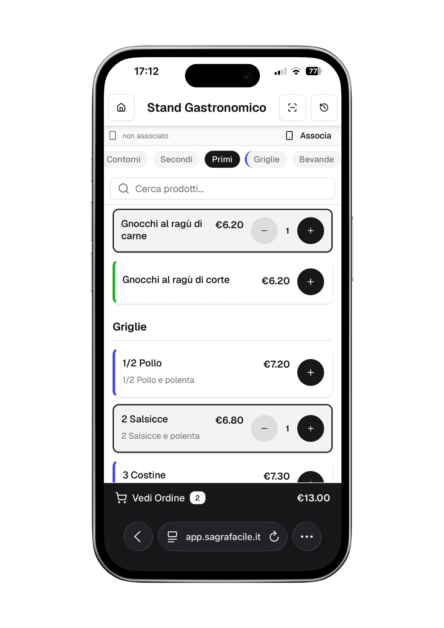 Interfaccia mobile per ordini al tavolo su smartphone: header con nome area, categorie, barra di ricerca, lista prodotti e pulsante carrello fluttuante