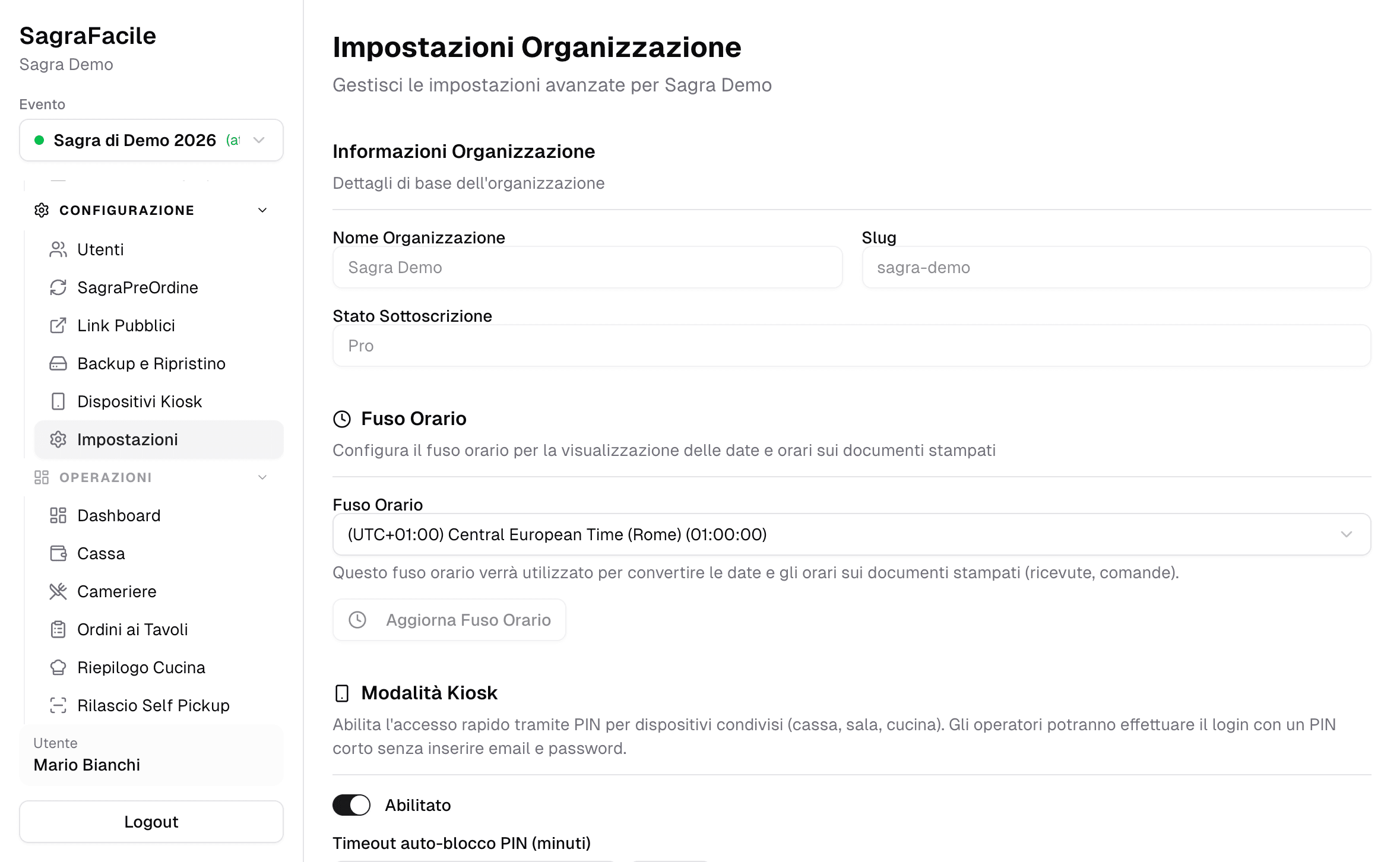 Pagina impostazioni organizzazione